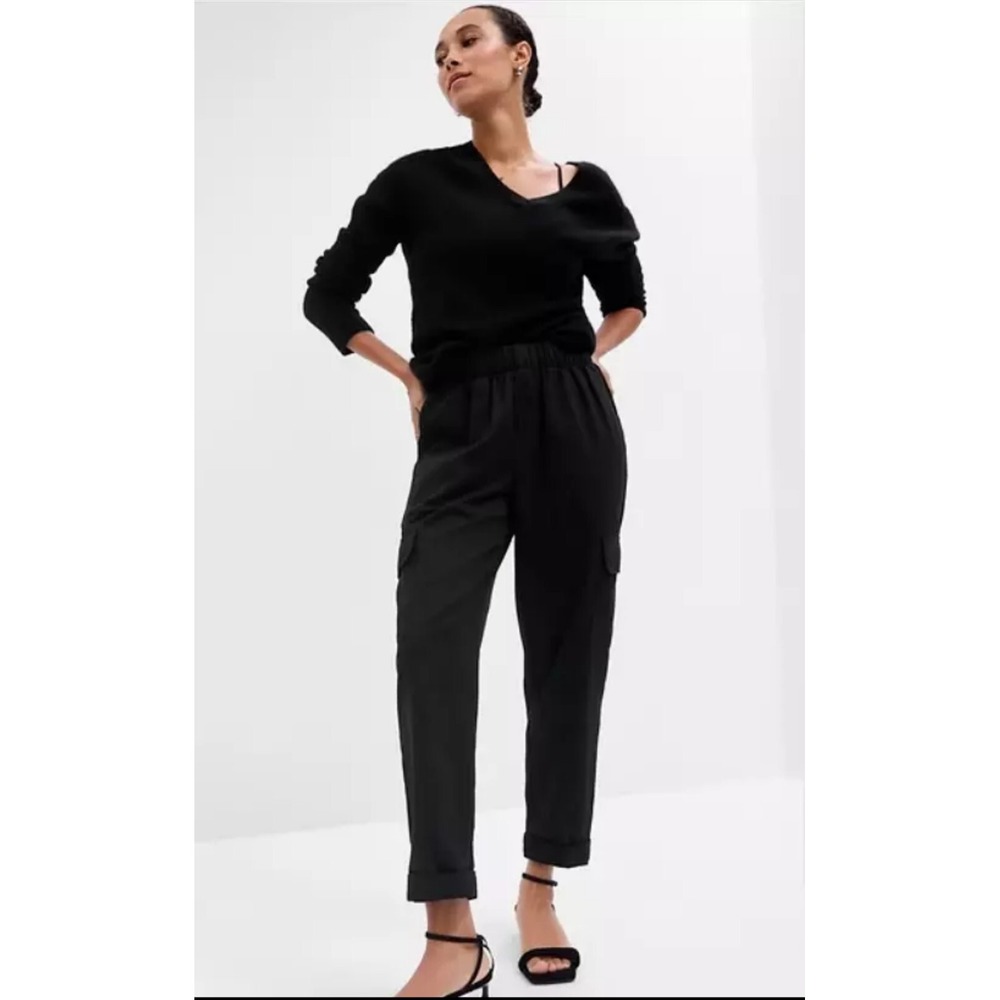 New Gap Cargo Pants Medium Tall Mid Rise Black Twill Pull-On Boho Elastic Waist